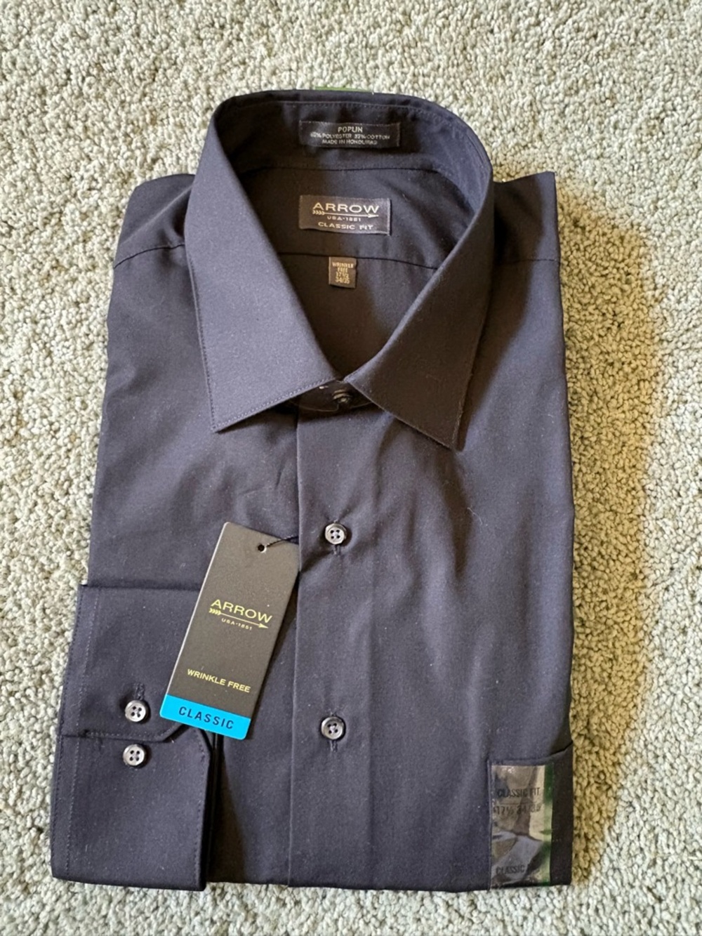 Arrow Classic Fit Button Down Shirt Black Wrinkle Free Poplin 17.5 34/35 NWT